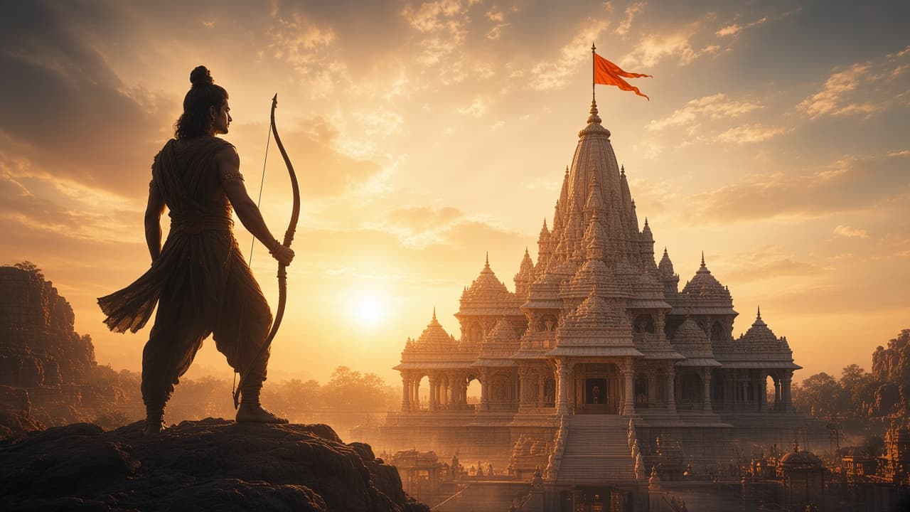 Lord Ram standing with a bow at golden sunset beside the Ayodhya temple and a saffron flag