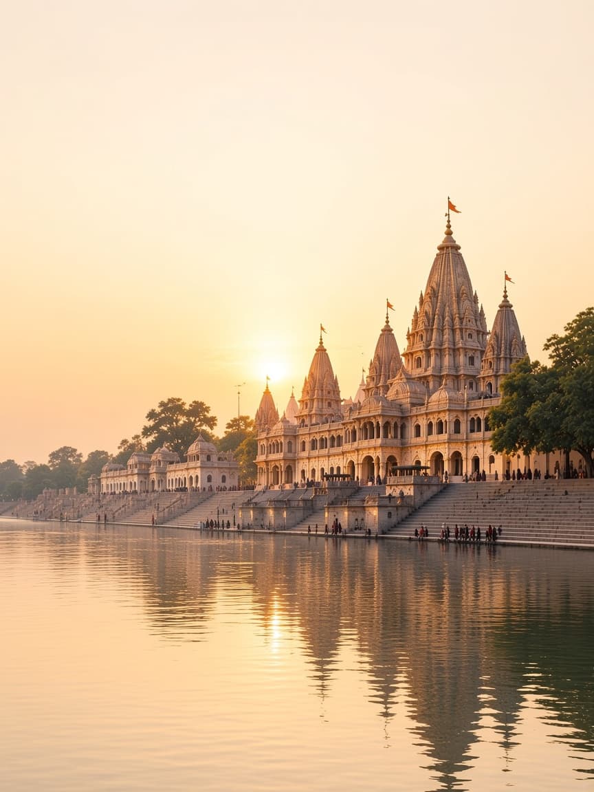 Ayodhya Ram Mandir glowing at sunrise over the ghats and river