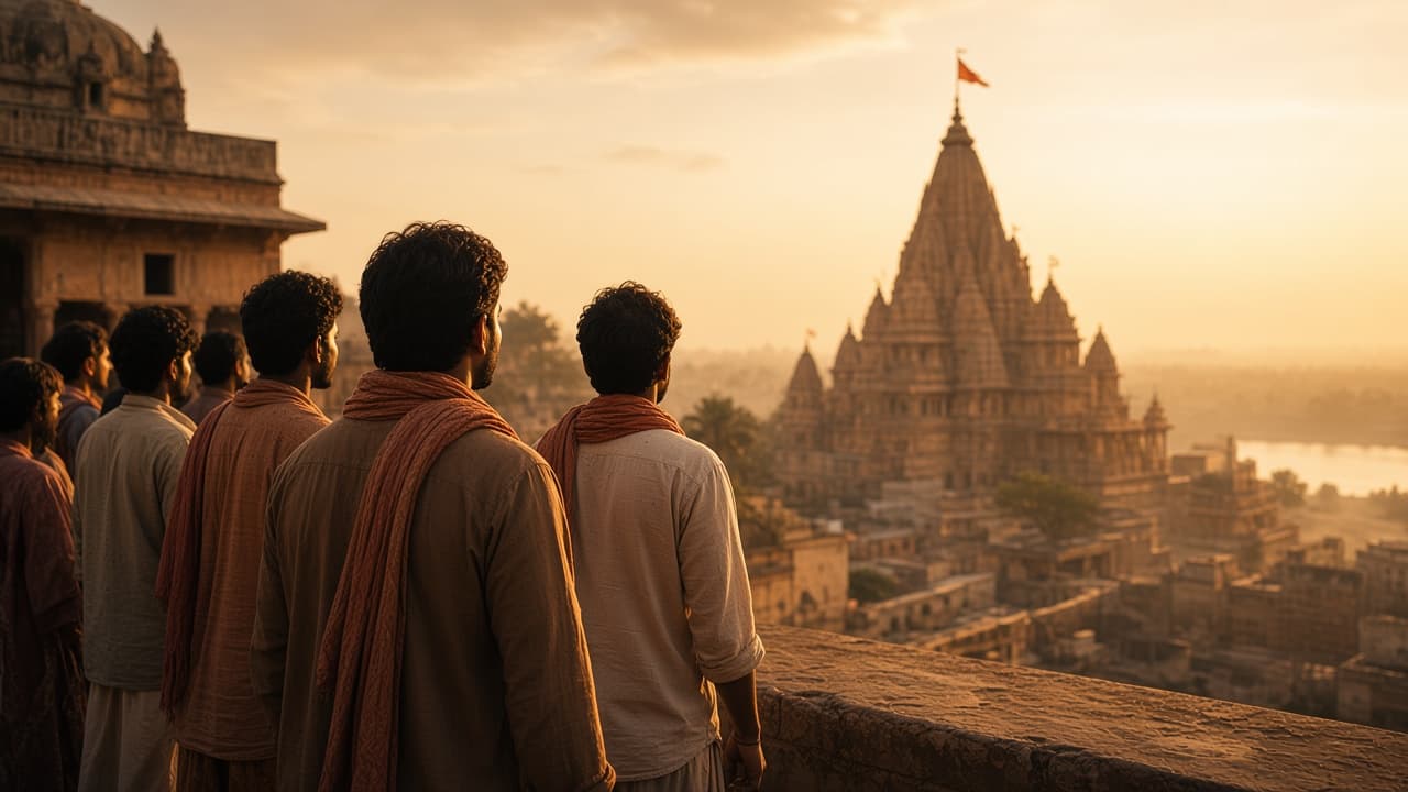Devotees looking toward a temple glowing in dusk light