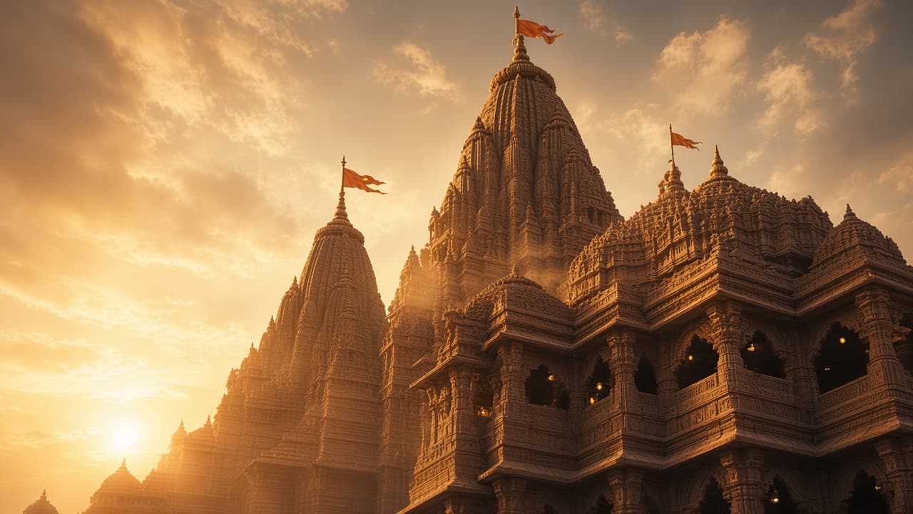 Temple towers of Ayodhya silhouetted against a glowing golden sky